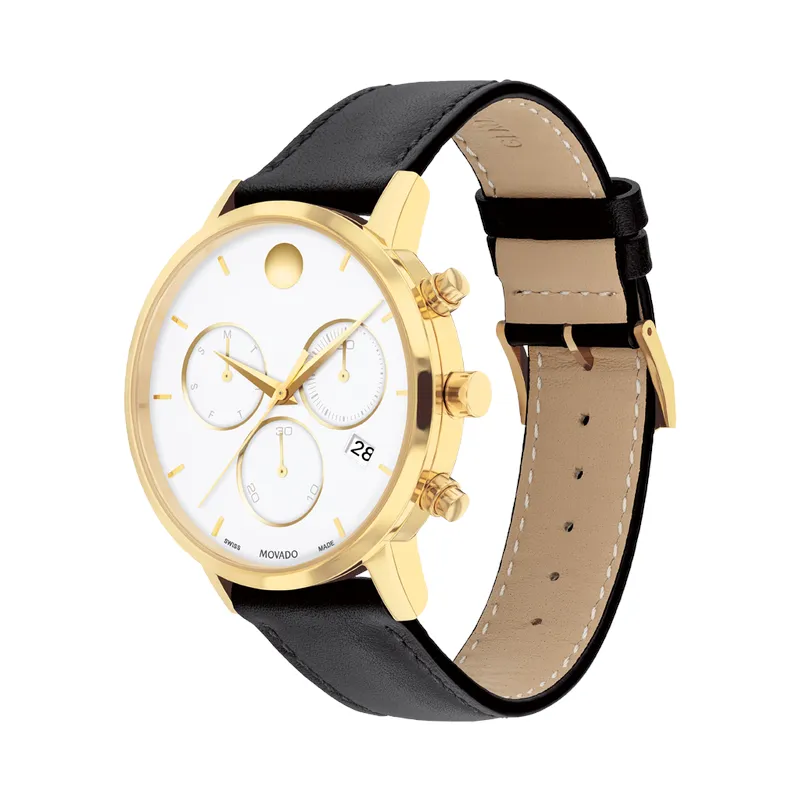 Movado Museum Classic Mens Gold Tone Black Leather Strap Chronograph Watch