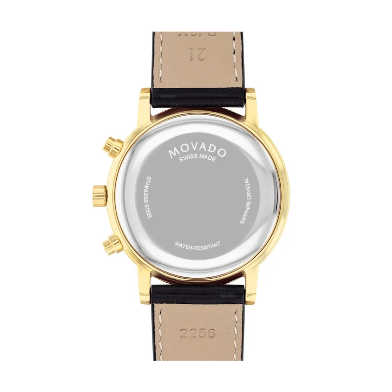 Movado Museum Classic Mens Gold Tone Black Leather Strap Chronograph Watch