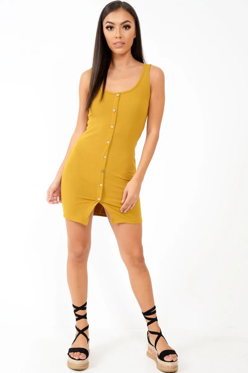Mustard Button Front Ribbed Bodycon Dress - Oliviana