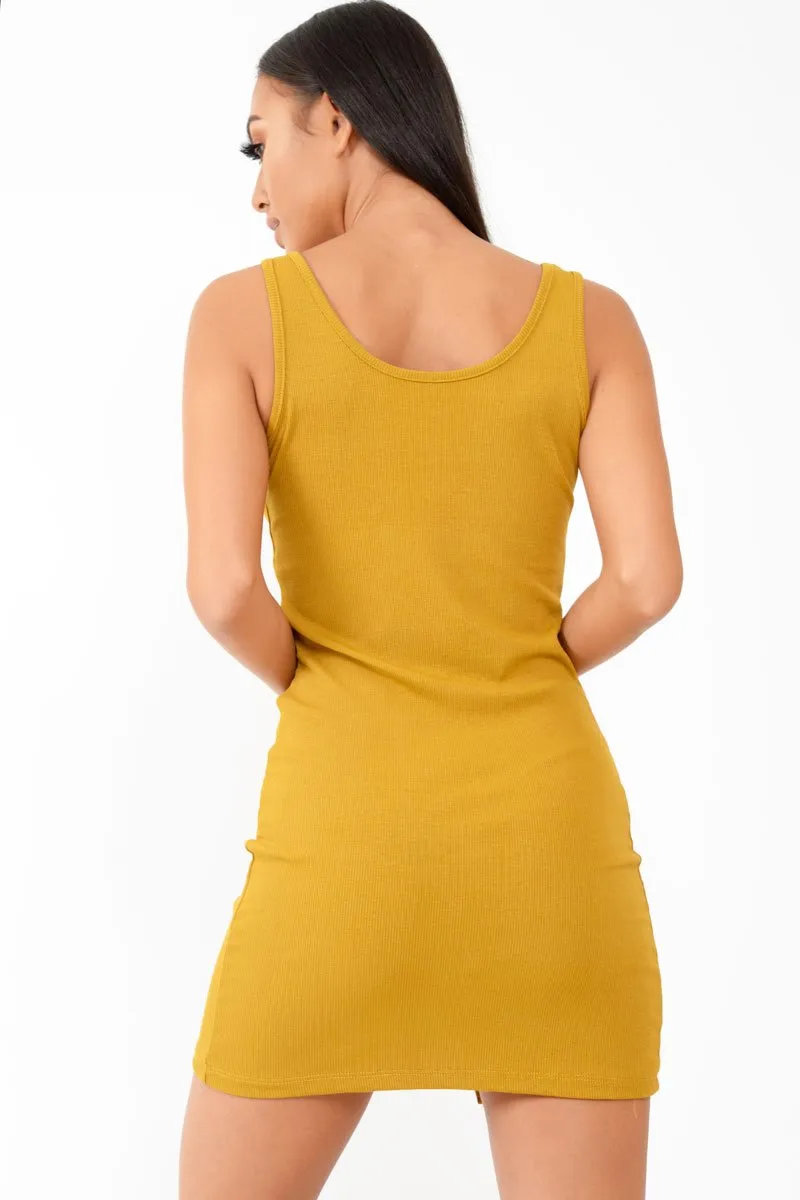 Mustard Button Front Ribbed Bodycon Dress - Oliviana