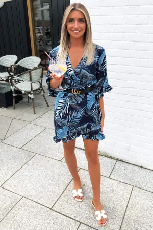 Navy Tropical Print Wrap Dress
