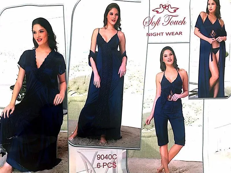 Neavy Blue Nighty Sets For Wedding And Newly Weds Bridals  - 6 Pcs Set - 9040C