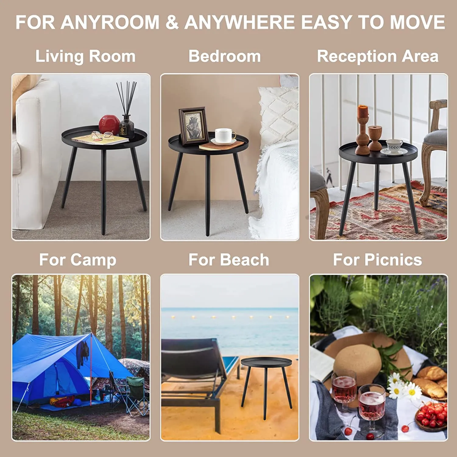 New End Table,Accent Table Ideal for Any Room-Side Table Living Room,Side Tables Bedroom,Side Table Waterproof Metal Structure Great for Indoor & Outdoor,Matte Black Tray Surface with 3 Legs by AOJEZOR, Black