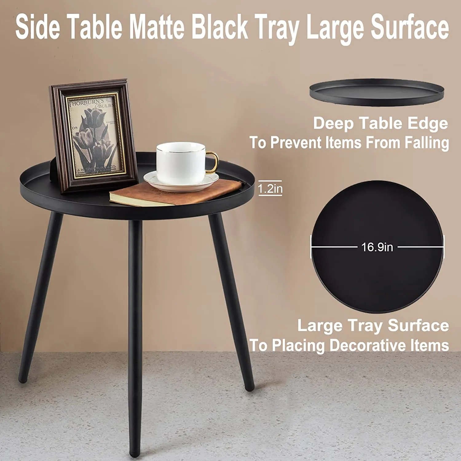 New End Table,Accent Table Ideal for Any Room-Side Table Living Room,Side Tables Bedroom,Side Table Waterproof Metal Structure Great for Indoor & Outdoor,Matte Black Tray Surface with 3 Legs by AOJEZOR, Black