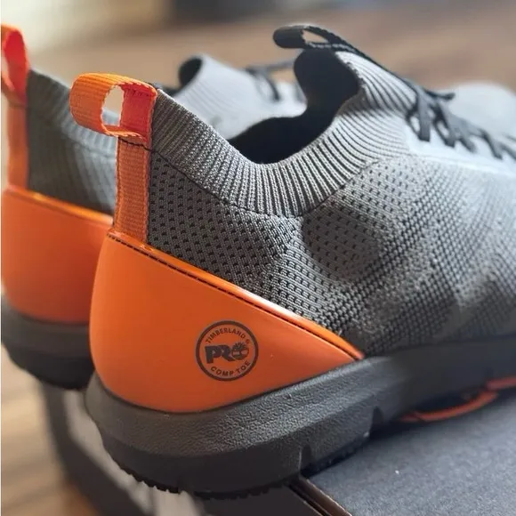 NWT Timberland Pro Men's Radius Knit Composite Toe Work Sneaker Grey/Orange 10.5