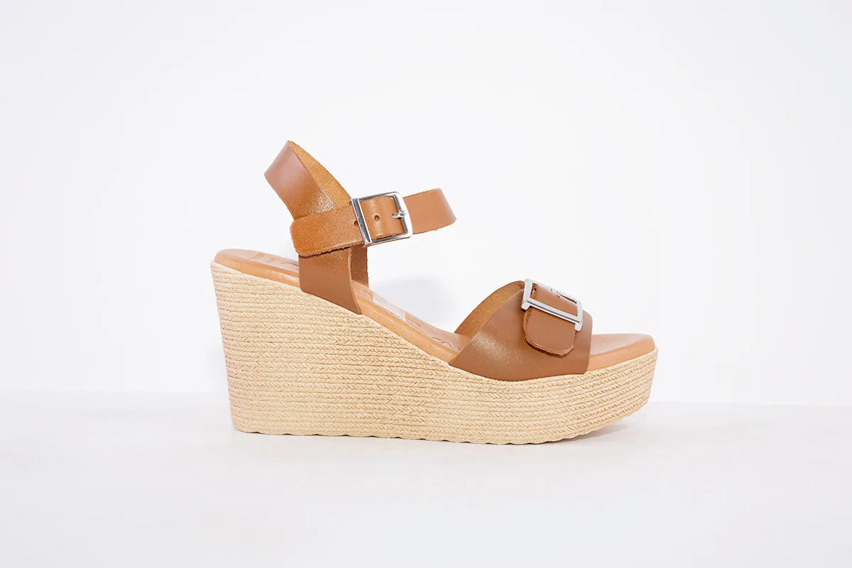 OH MY SANDALS - 5037 HIGH PLATFORM WEDGE DOUBLE BUCKLE SANDAL - TAN