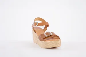 OH MY SANDALS - 5037 HIGH PLATFORM WEDGE DOUBLE BUCKLE SANDAL - TAN