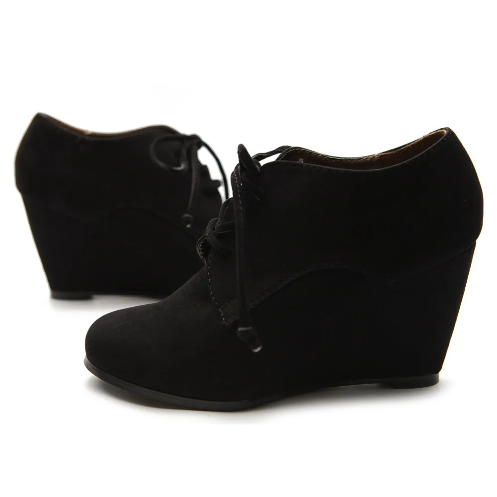 Ollio Women's Shoe Faux Suede Wedge Heel Fashion Ankle Lace Up Boots