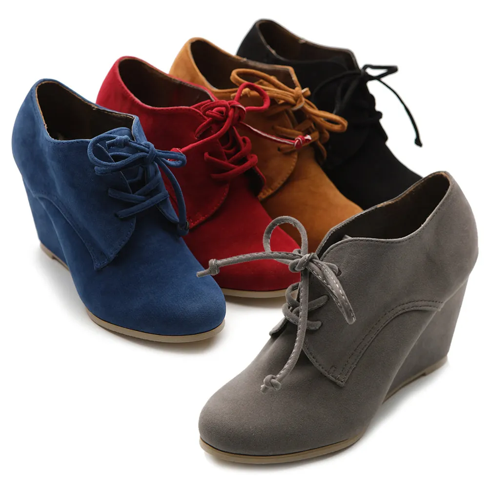 Ollio Women's Shoe Faux Suede Wedge Heel Fashion Ankle Lace Up Boots