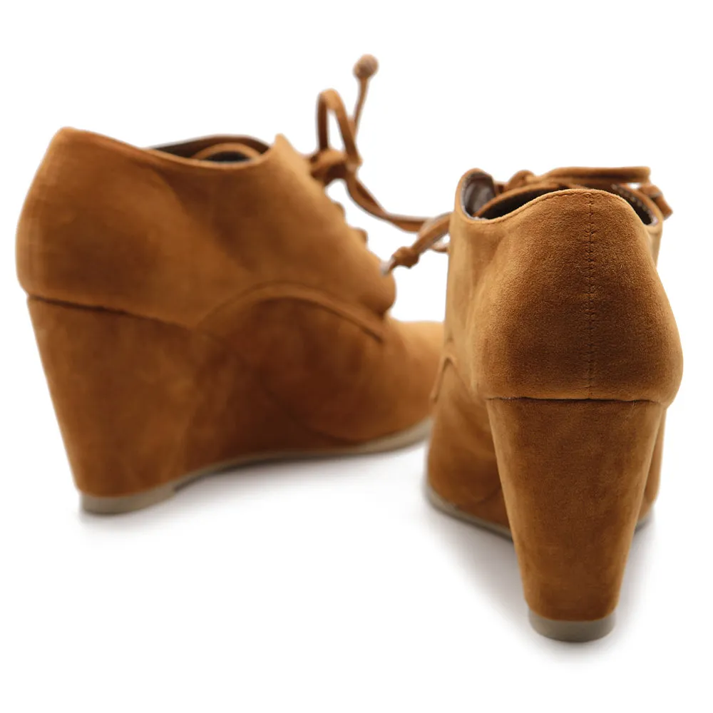 Ollio Women's Shoe Faux Suede Wedge Heel Fashion Ankle Lace Up Boots