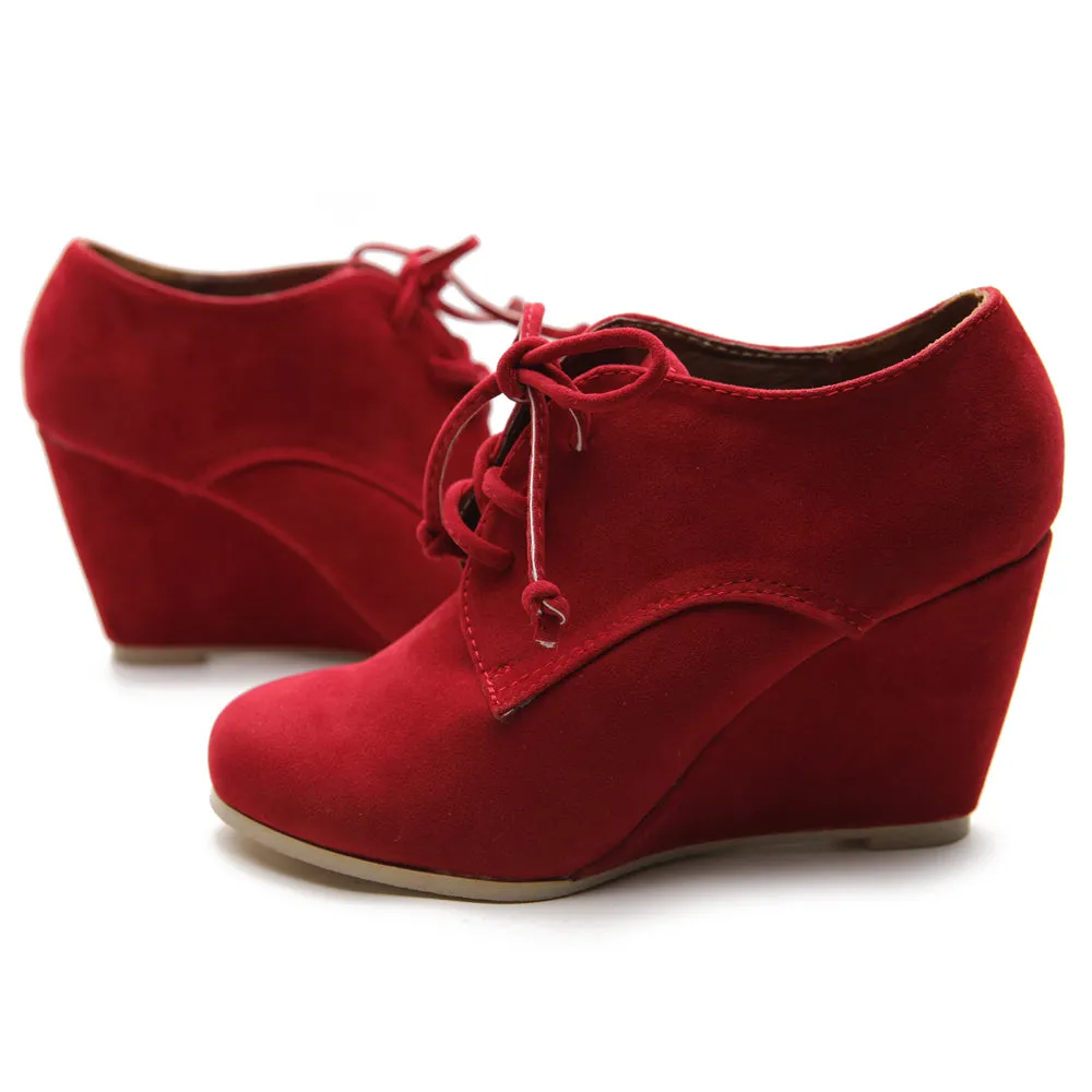 Ollio Women's Shoe Faux Suede Wedge Heel Fashion Ankle Lace Up Boots