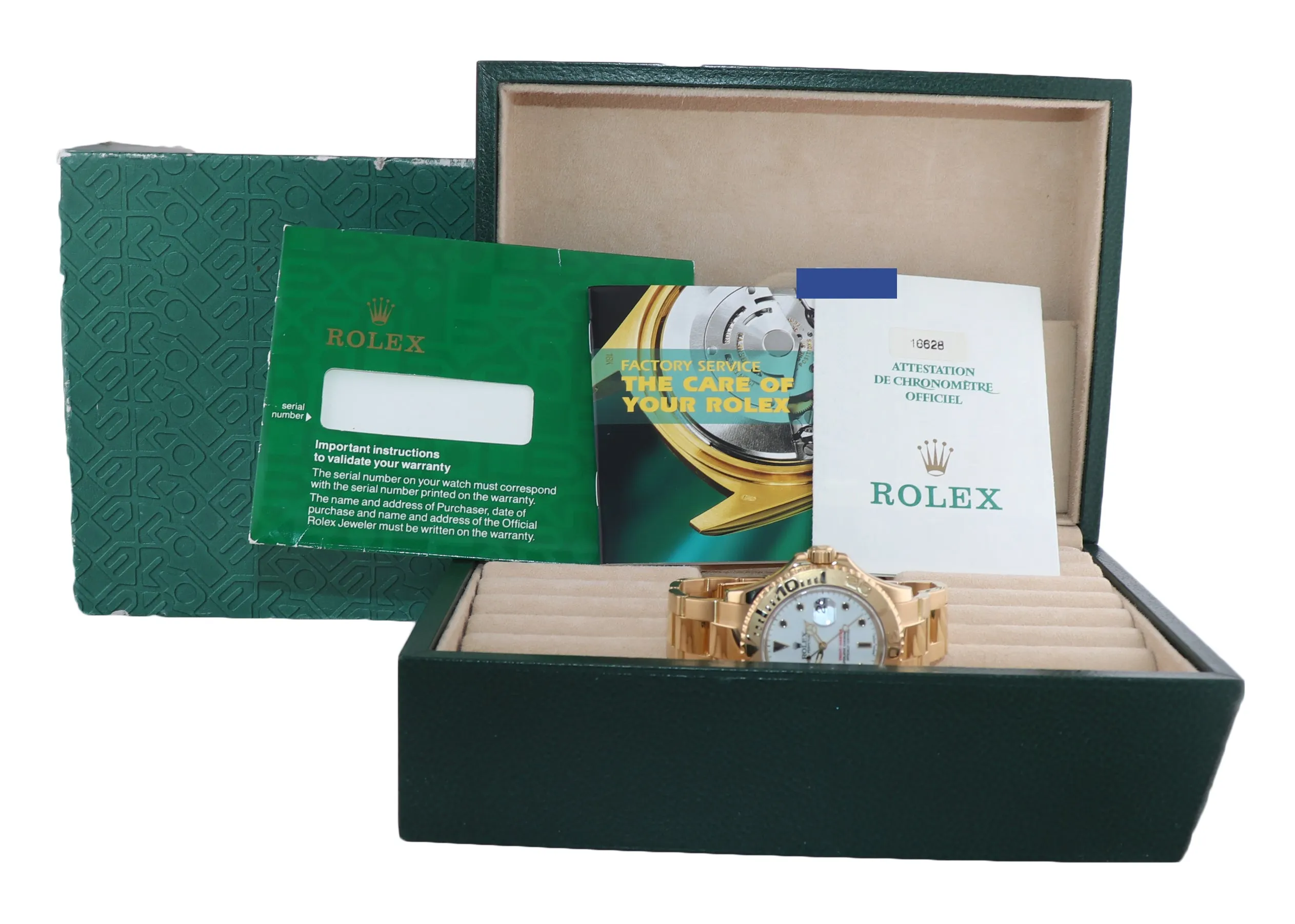 PAPERS Rolex Yacht-Master 18k Yellow Gold White Sapphire 16628 40mm Watch Box