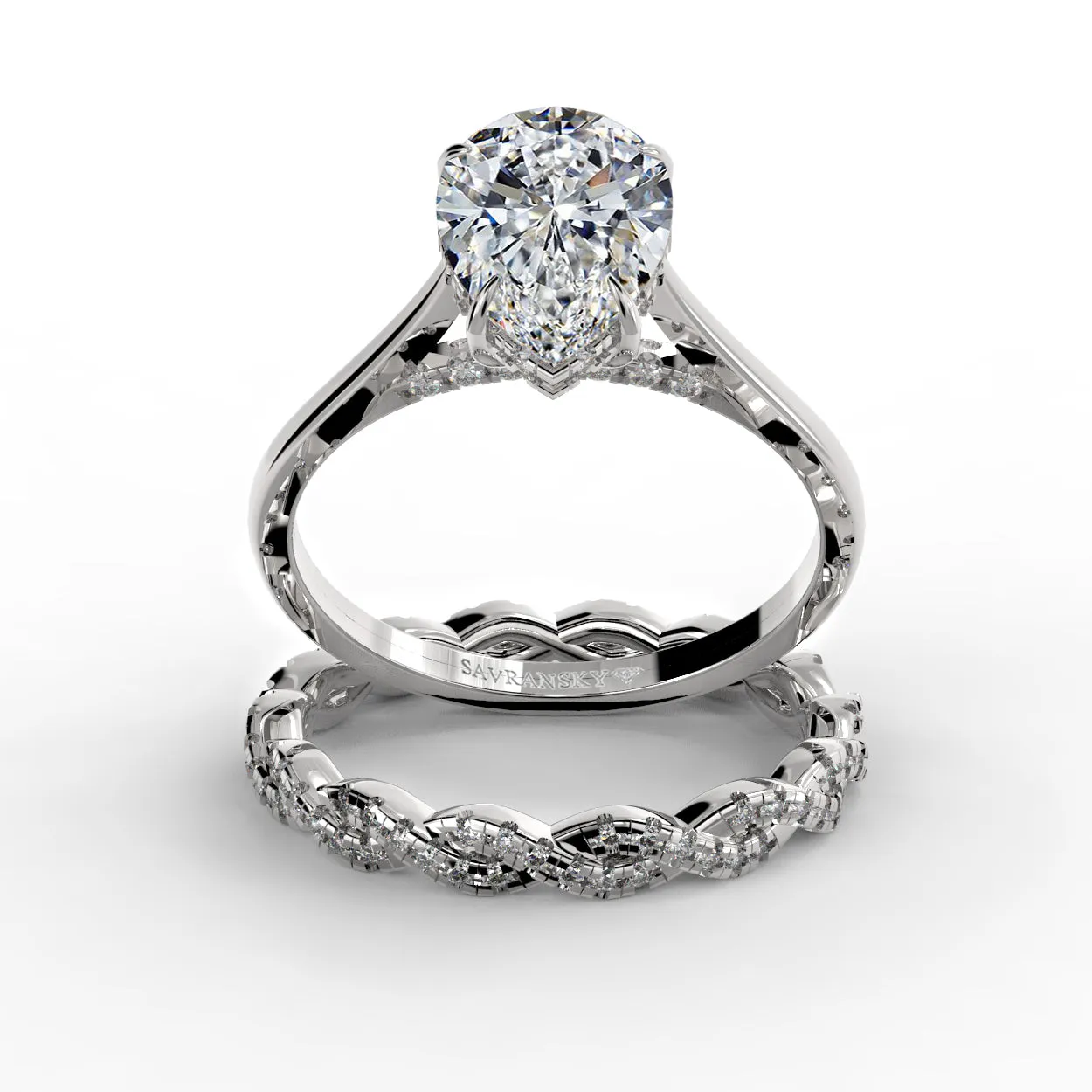 Pear Drop Cut Hidden Halo Cathedral Engagement Ring Bridal Set - 501