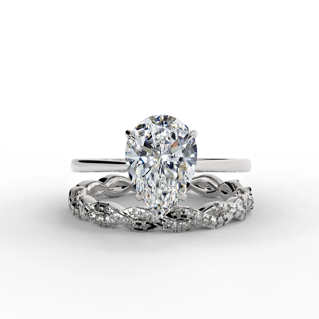 Pear Drop Cut Hidden Halo Cathedral Engagement Ring Bridal Set - 501