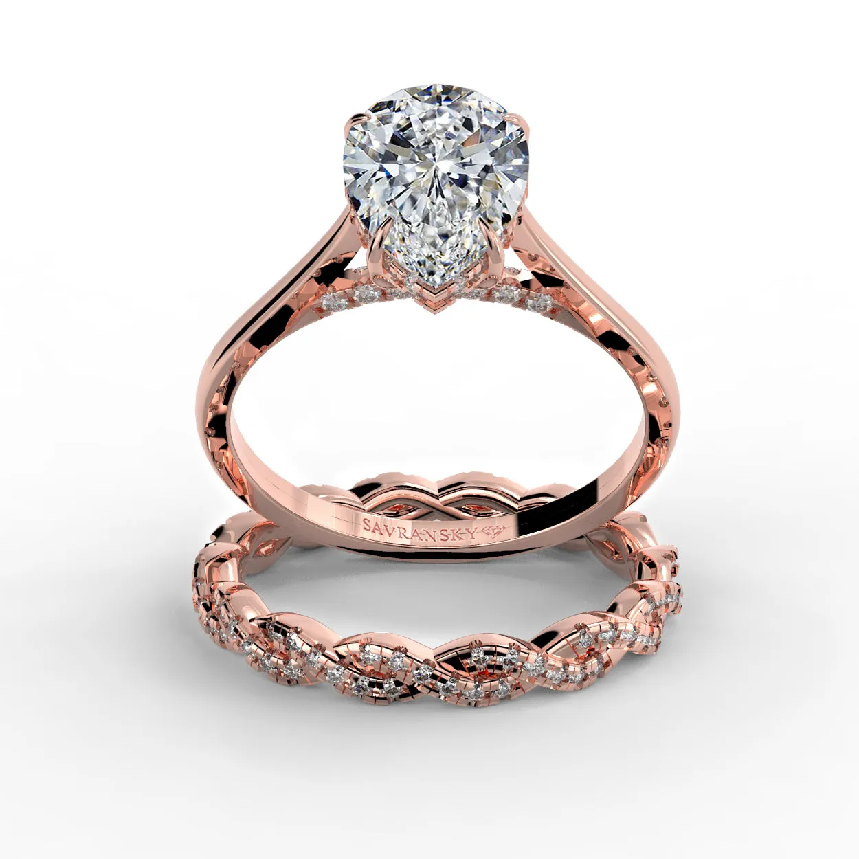 Pear Drop Cut Hidden Halo Cathedral Engagement Ring Bridal Set - 501