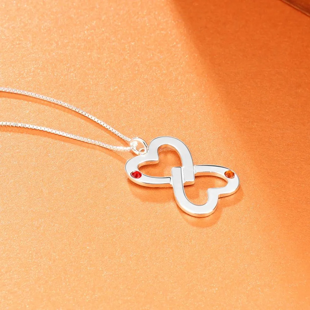 Personalized Women’s 925 Sterling Silver Necklace with Inverted Heart Shape Engrave Name & Birthstones Pendant, Trendy Fashion Jewelry
