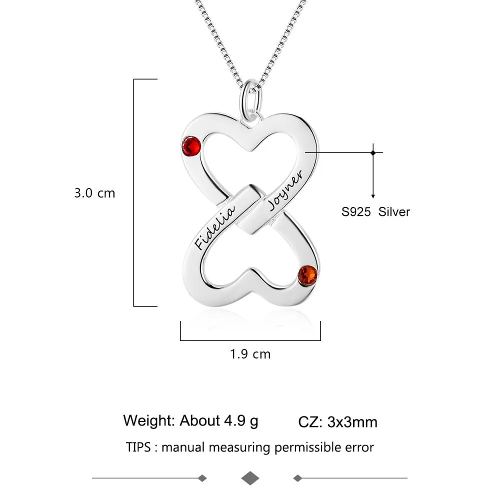 Personalized Women’s 925 Sterling Silver Necklace with Inverted Heart Shape Engrave Name & Birthstones Pendant, Trendy Fashion Jewelry