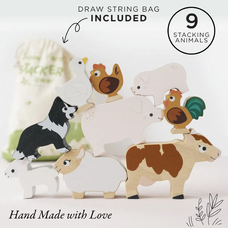 Petilou Wooden Farm Stacking Animals & Bag Gift Set