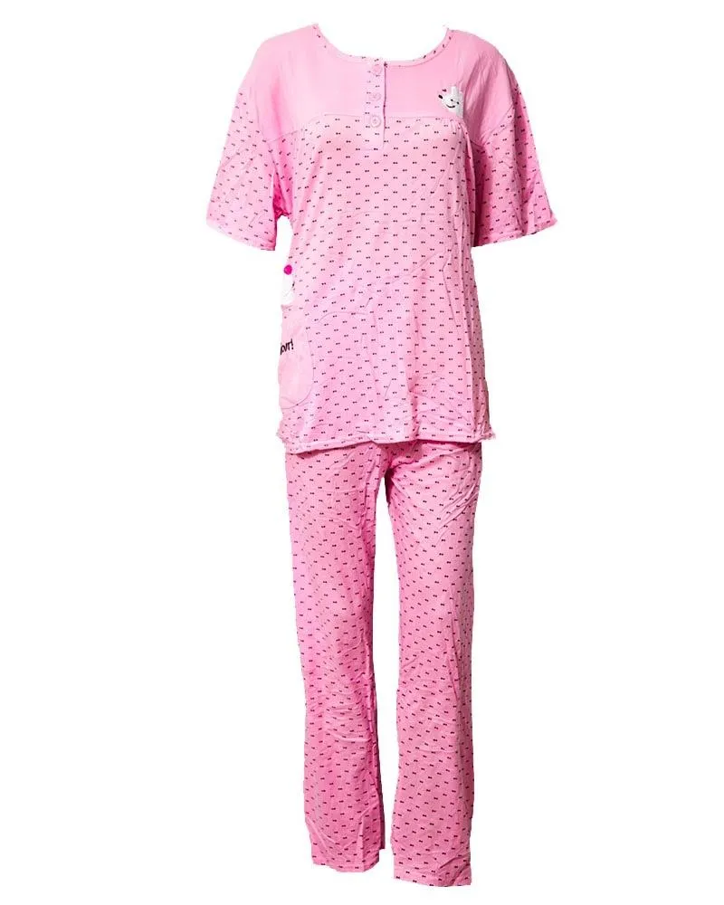 Pink 2 Pcs Nightdress For Girls Dotted & Front Button 702 - Women Nightdress
