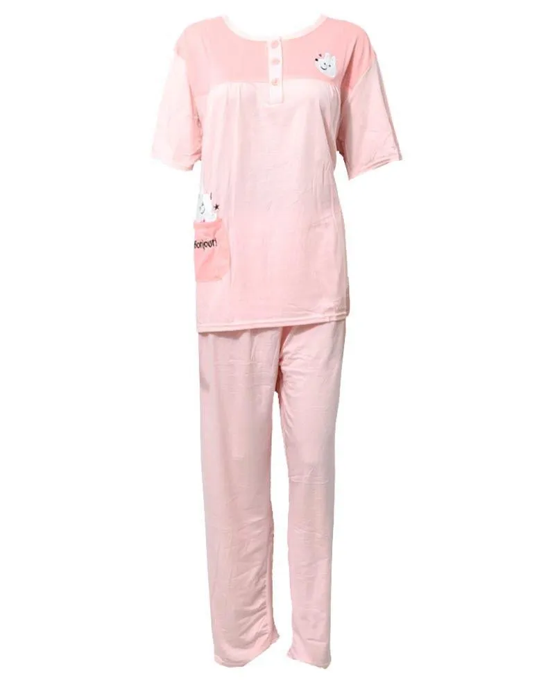 Pink 2 Pcs Nightdress For Girls Plained & Front Button 701 - Women Nightdress