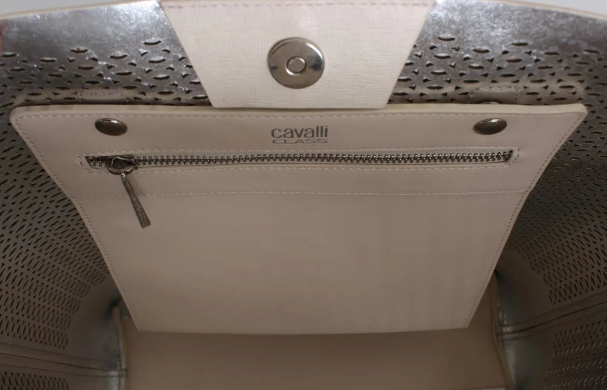 Pink Beige Leather Tote Shopping Bag