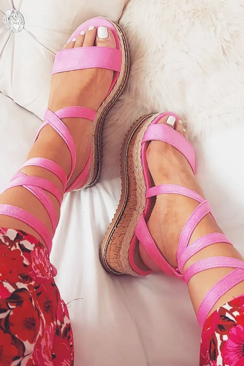 Pink Lace Up Platform Wedges - Camara