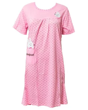 Pink Long Nighty Dotted & Side Pocket 102 -  Women Nightdress