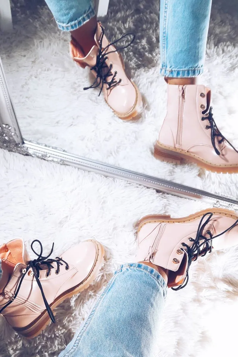 Pink Patent Lace Up Zip Ankle Boots -shiri