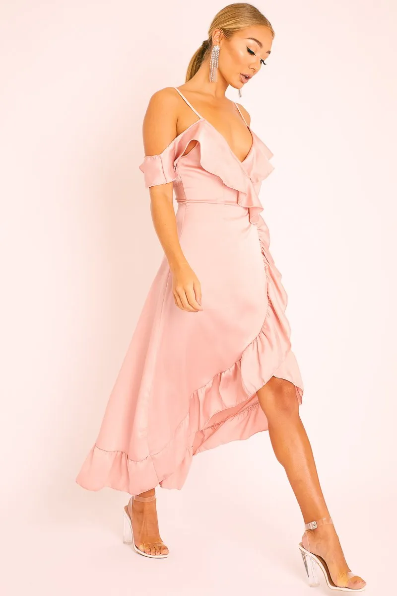 Pink Satin Ruffle Wrap Midi Dress - Eiza