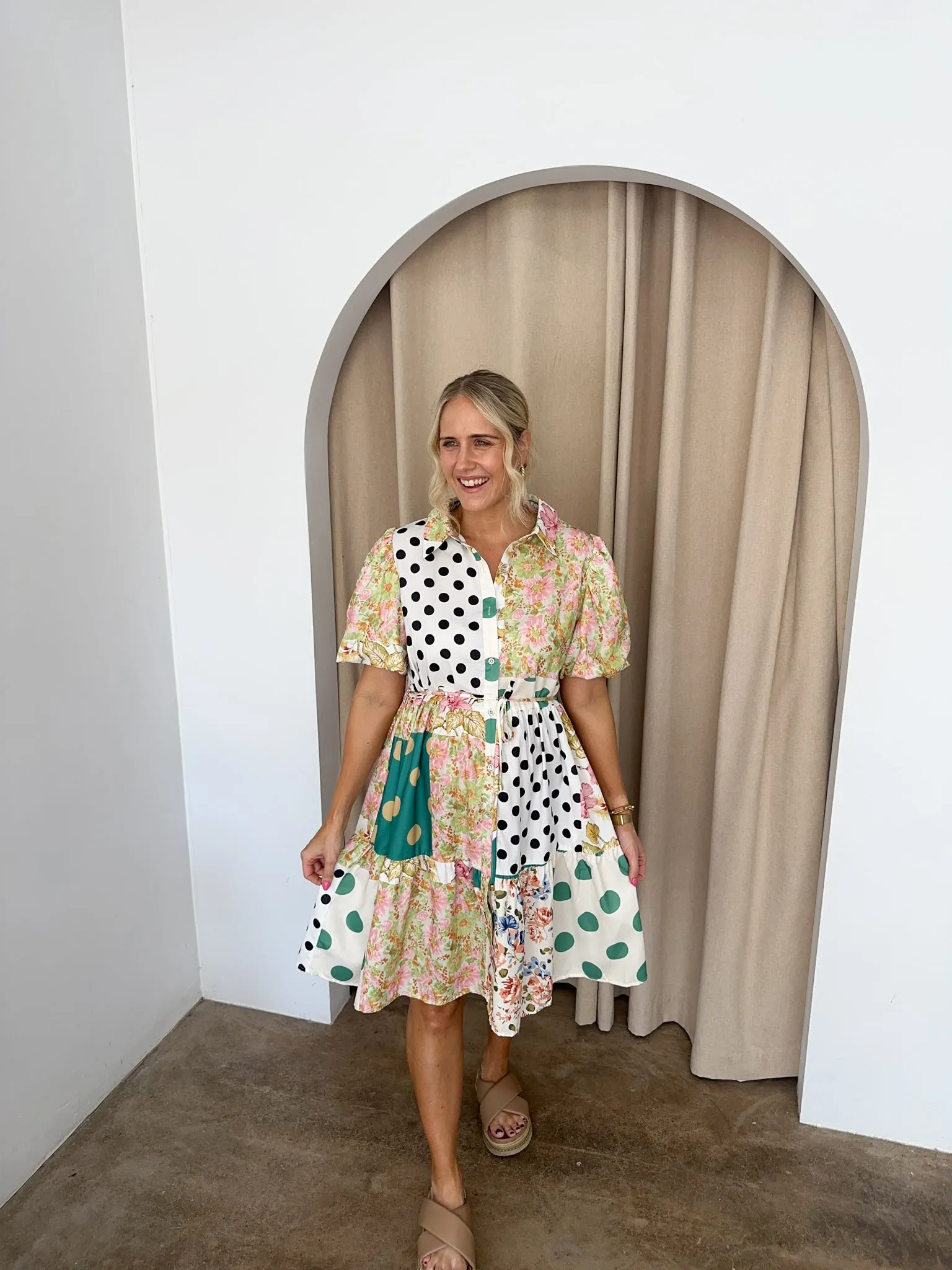 Polly Dress -Green florals/ Polka Dots