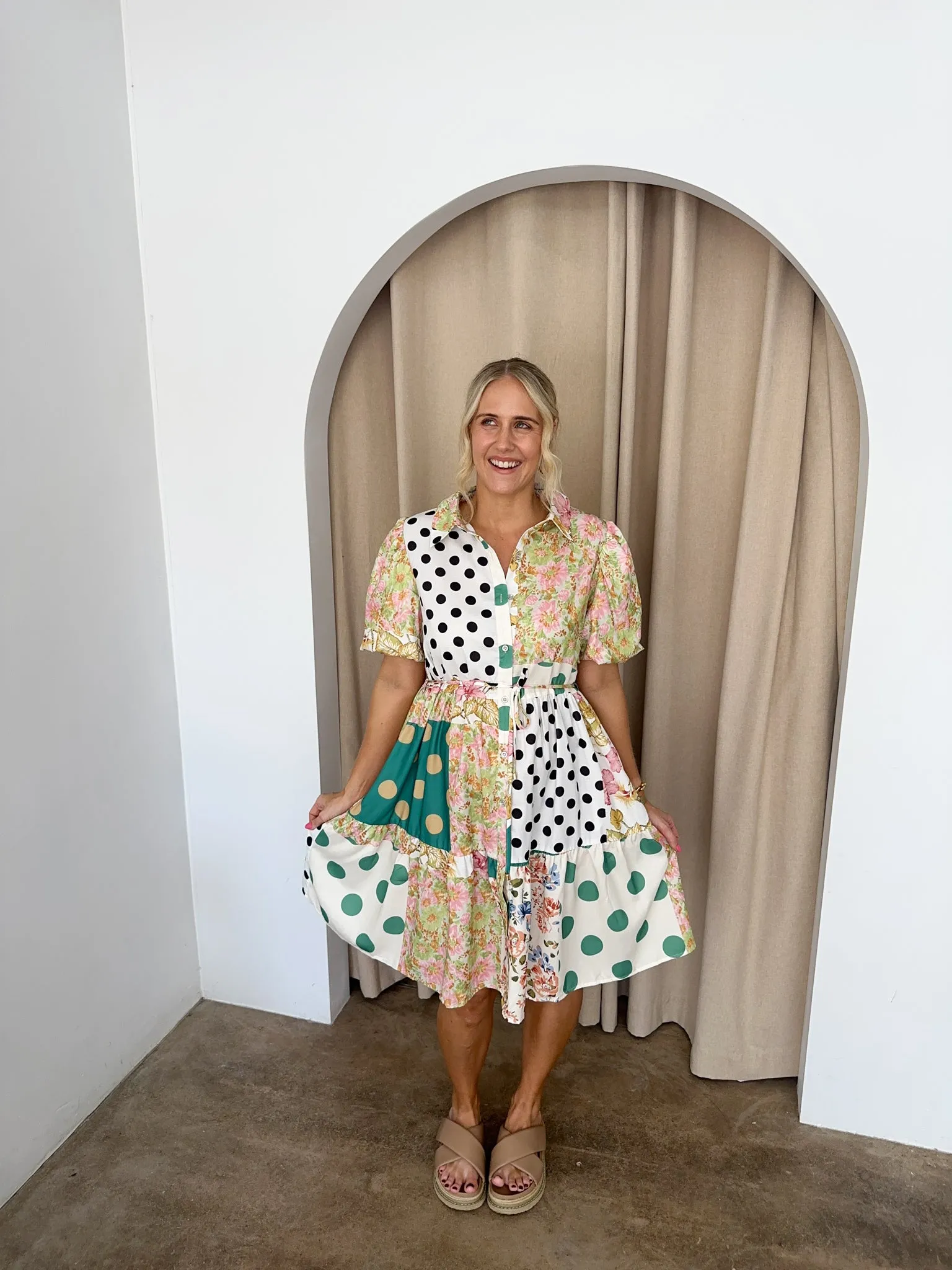Polly Dress -Green florals/ Polka Dots