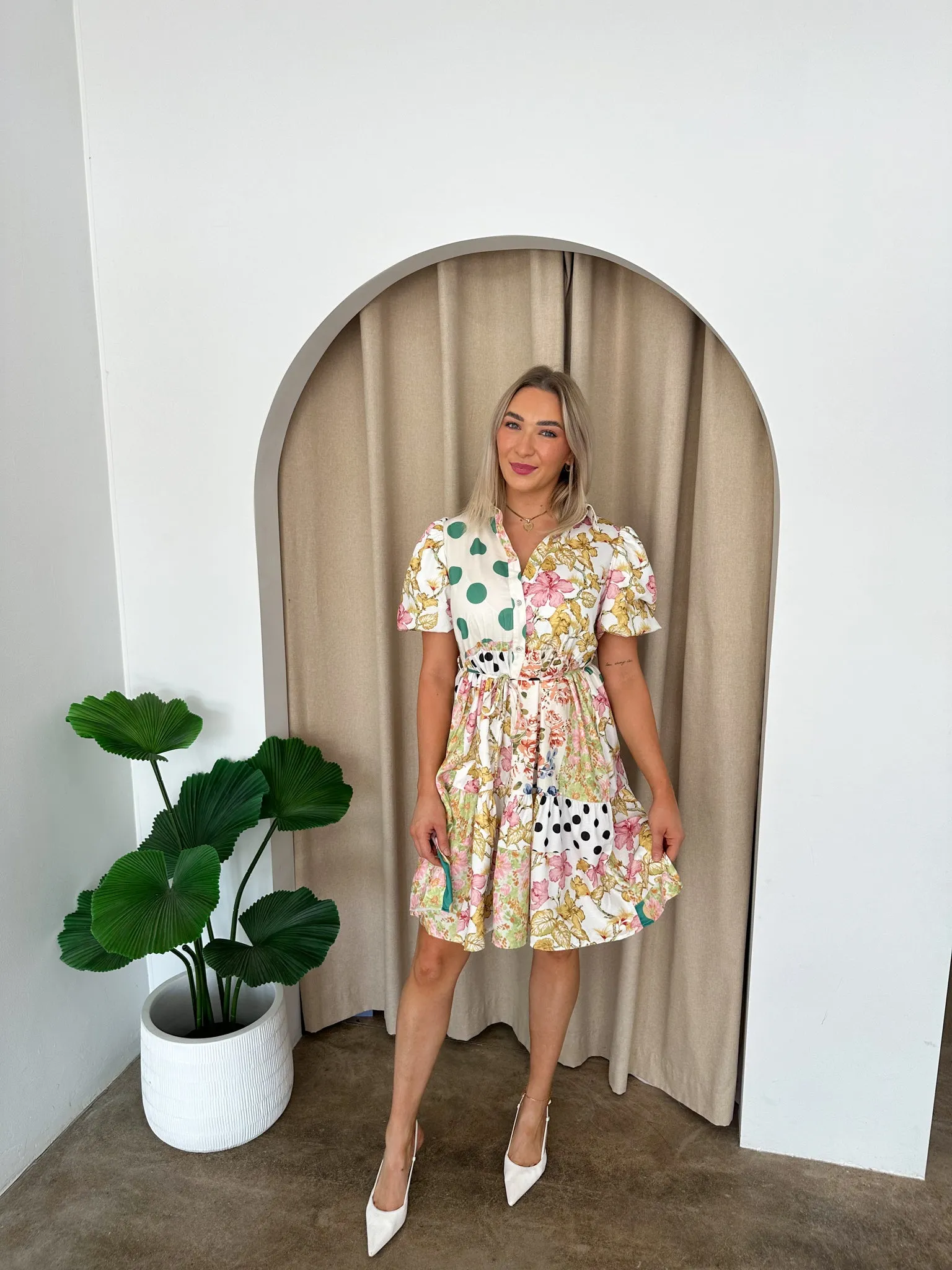 Polly Dress -Green florals/ Polka Dots