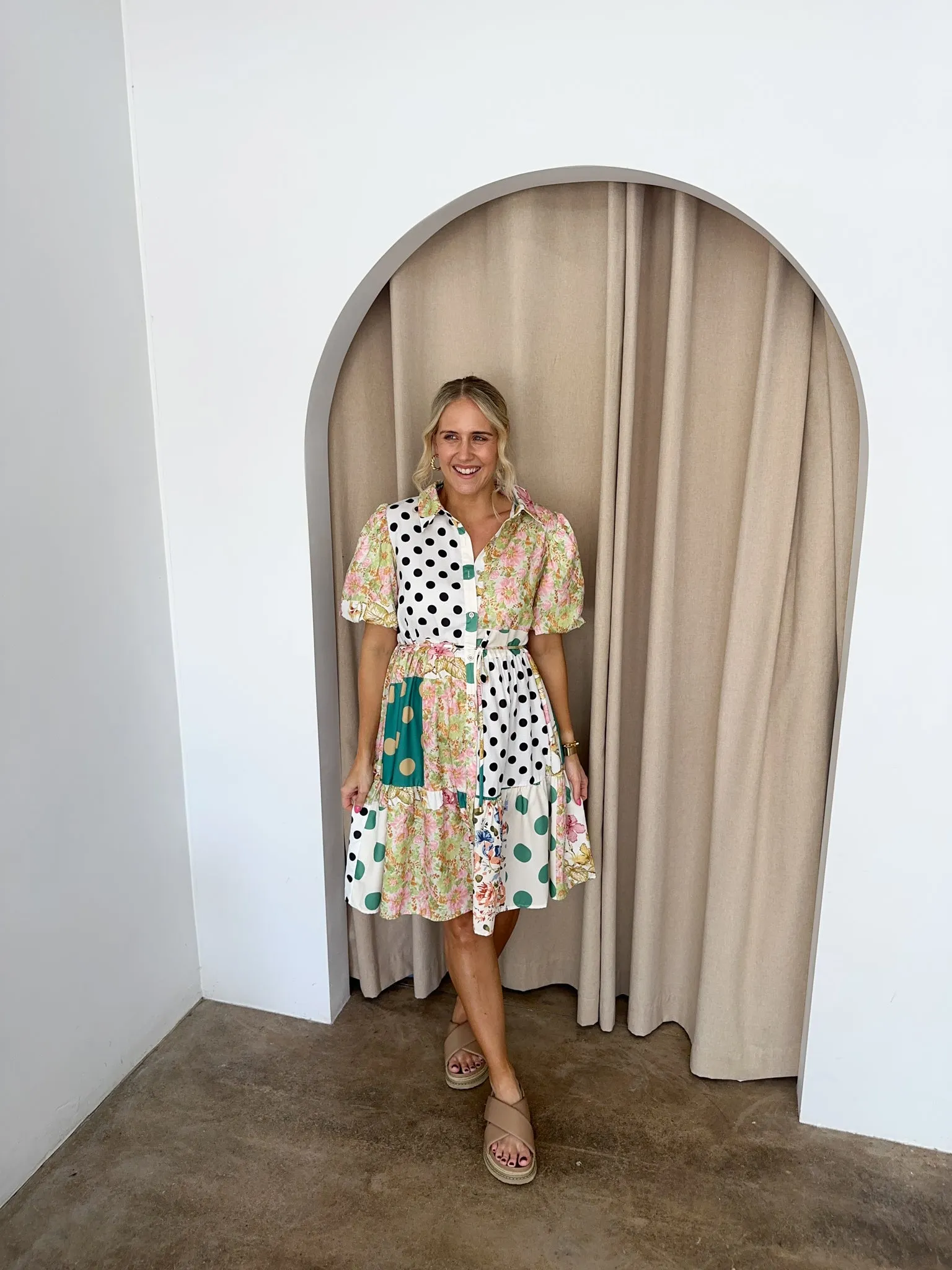 Polly Dress -Green florals/ Polka Dots