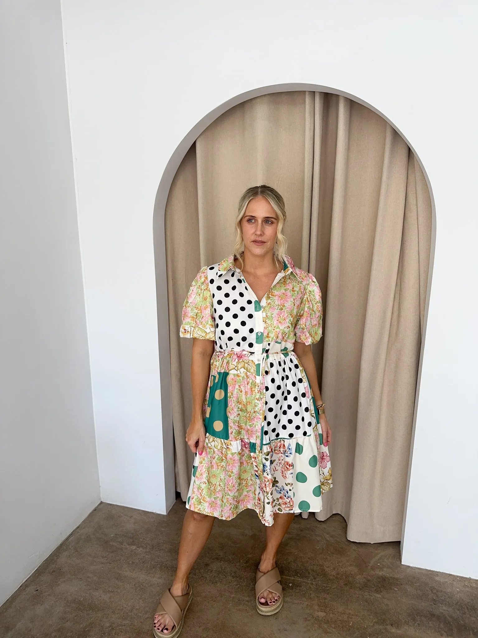 Polly Dress -Green florals/ Polka Dots
