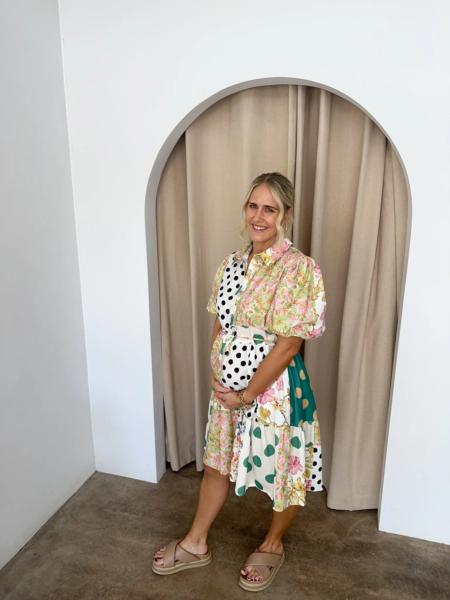 Polly Dress -Green florals/ Polka Dots