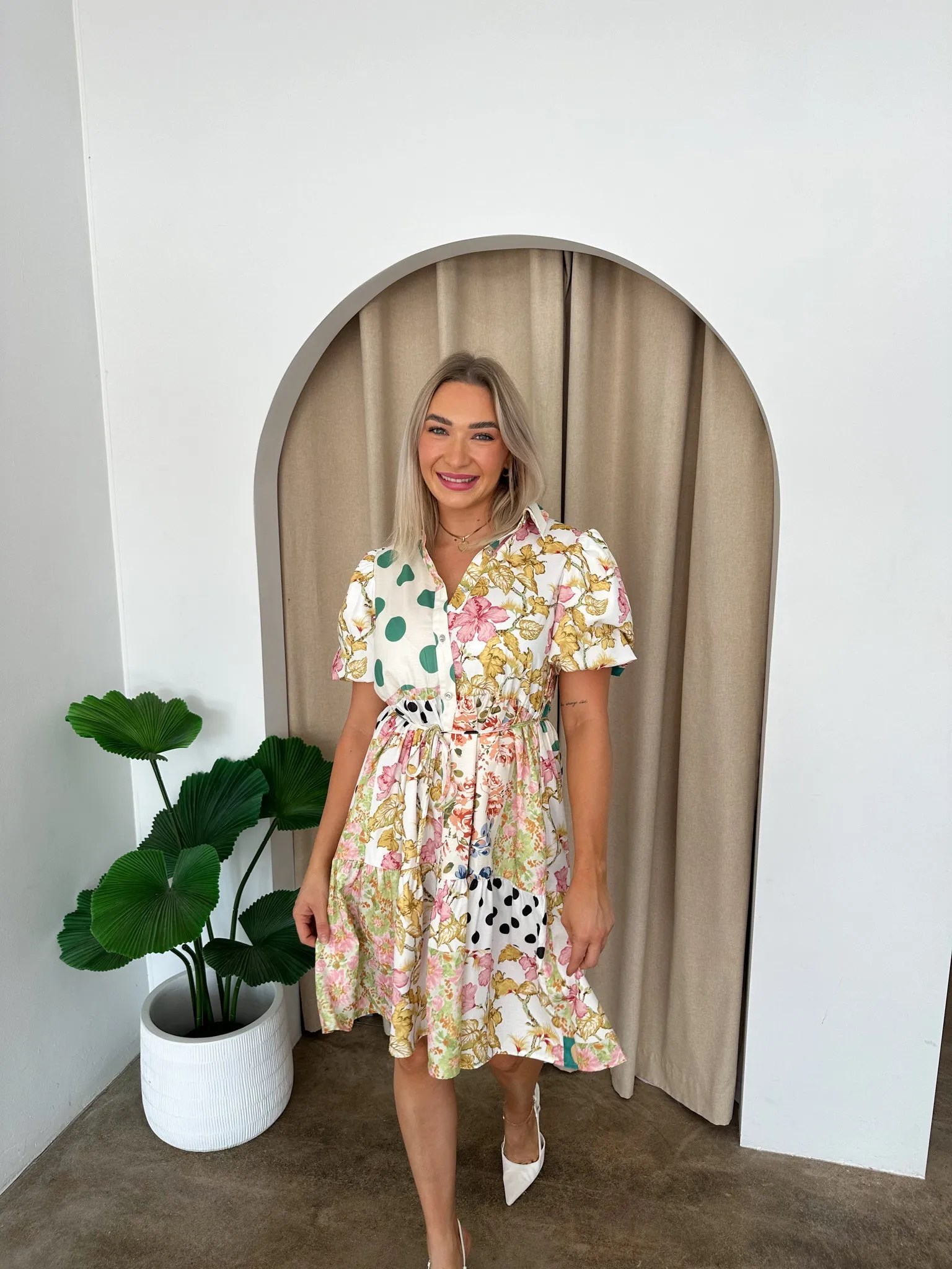 Polly Dress -Green florals/ Polka Dots