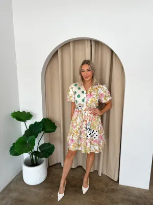 Polly Dress -Green florals/ Polka Dots