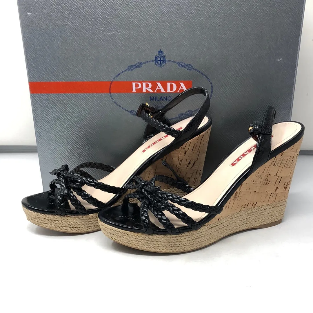 PRADA Black Braided Leather Sandal with Cork and Espadrille Wedge