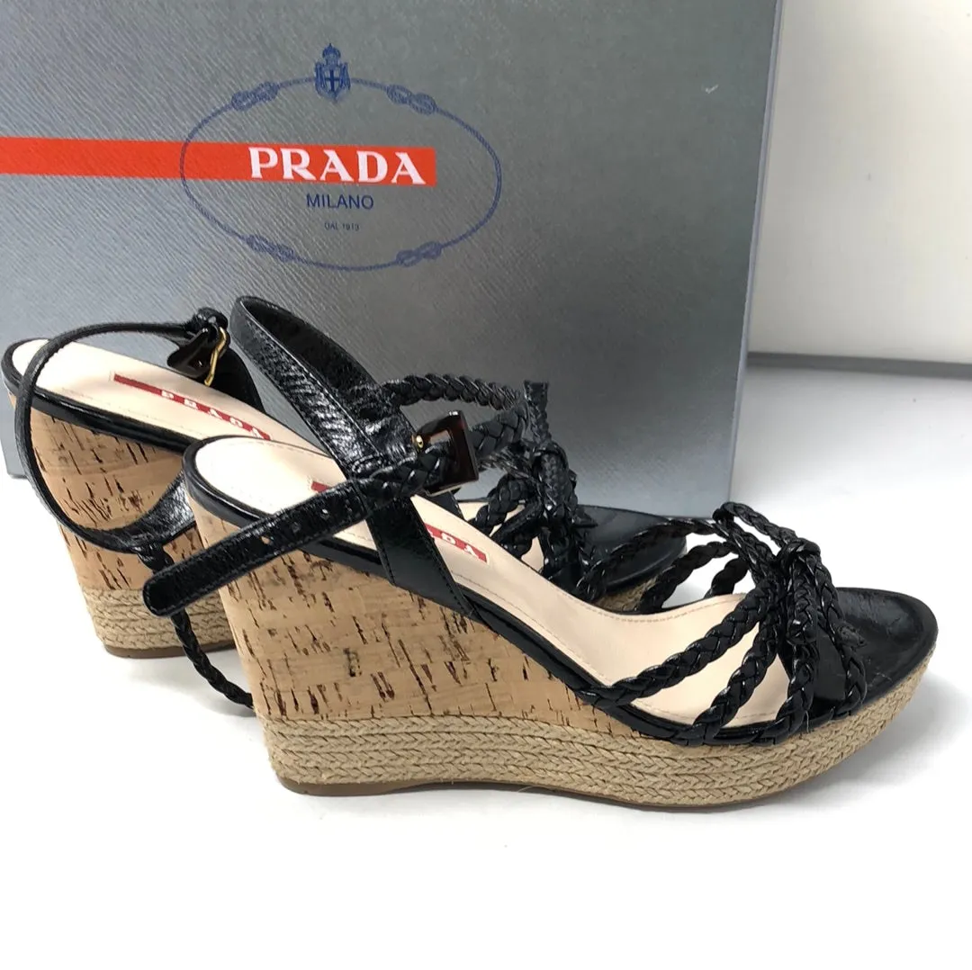 PRADA Black Braided Leather Sandal with Cork and Espadrille Wedge