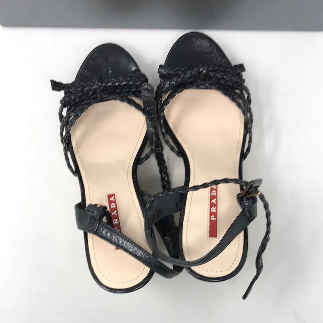 PRADA Black Braided Leather Sandal with Cork and Espadrille Wedge