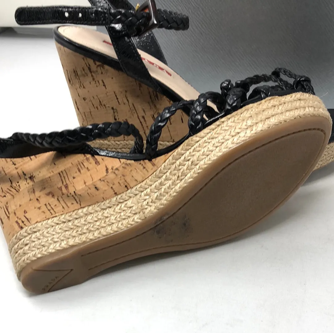 PRADA Black Braided Leather Sandal with Cork and Espadrille Wedge