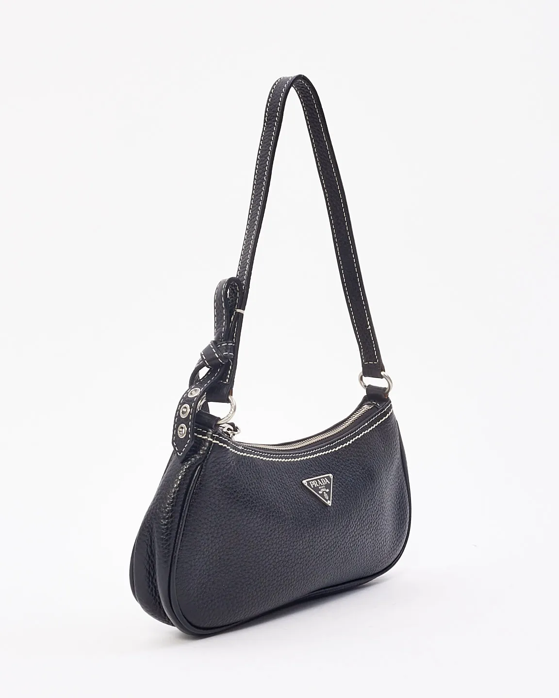 Prada Black Grained Leather with White Stitching Small Shoulder Bag