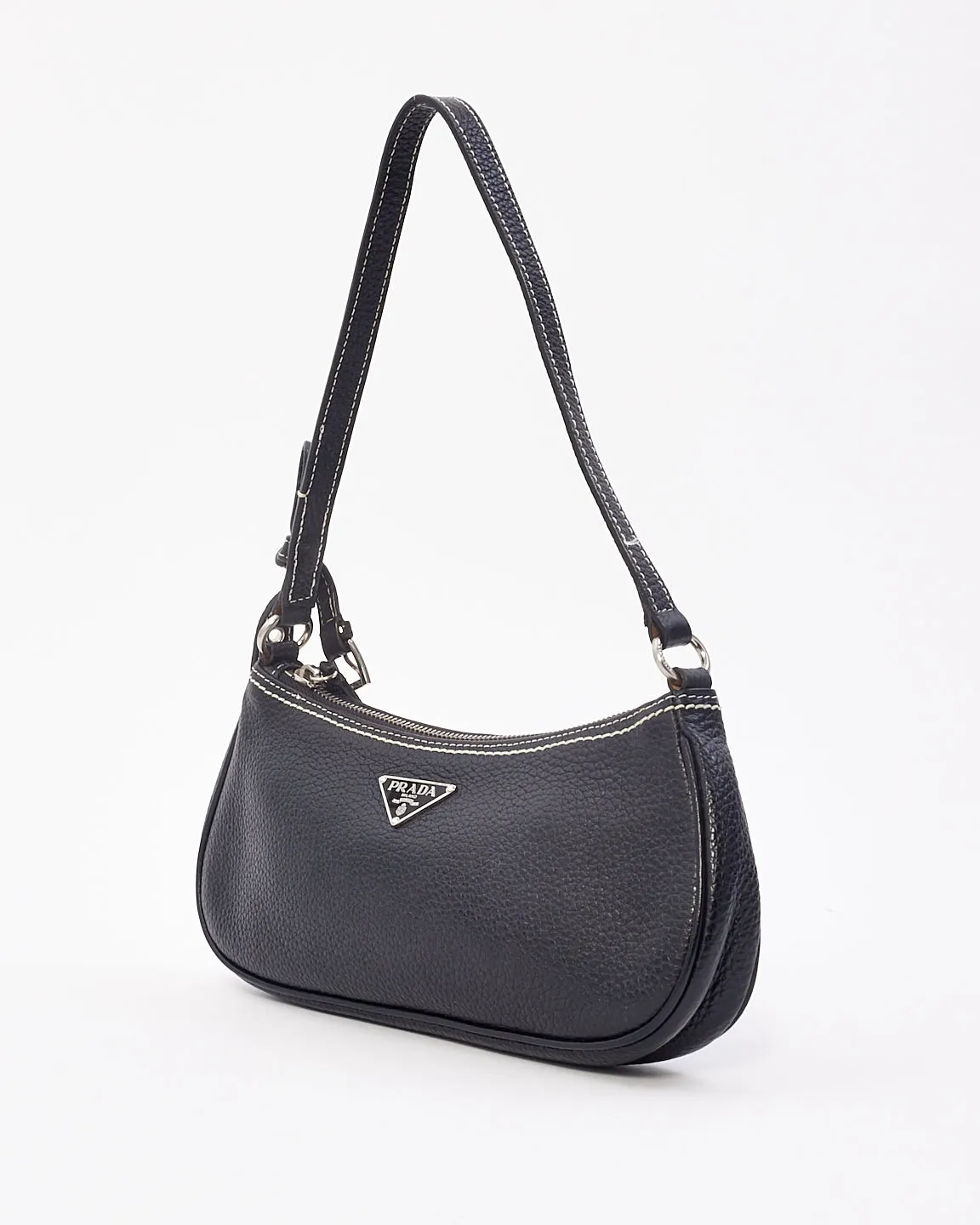 Prada Black Grained Leather with White Stitching Small Shoulder Bag
