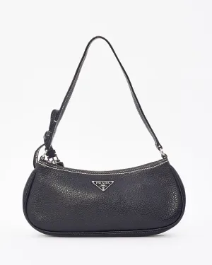 Prada Black Grained Leather with White Stitching Small Shoulder Bag