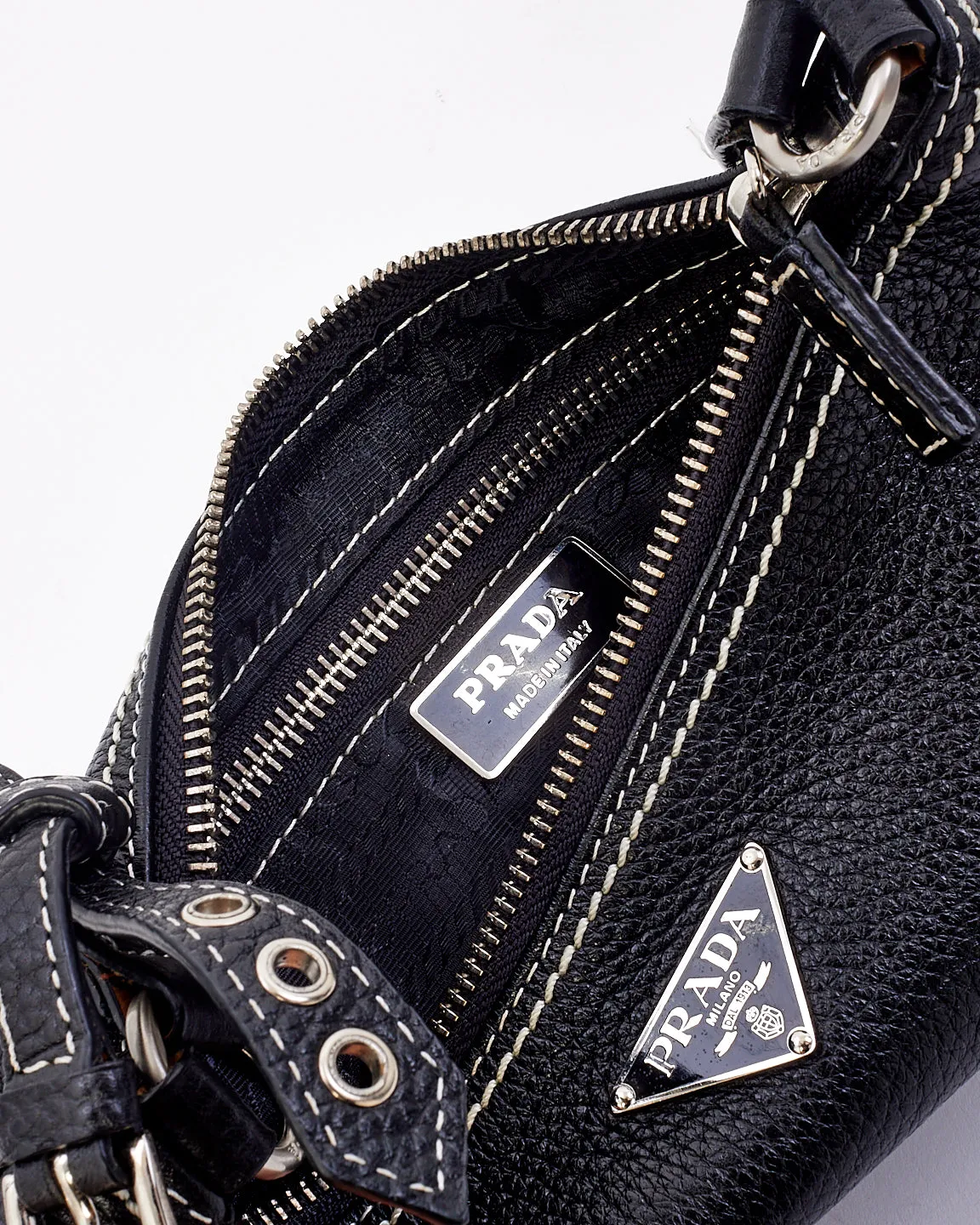 Prada Black Grained Leather with White Stitching Small Shoulder Bag