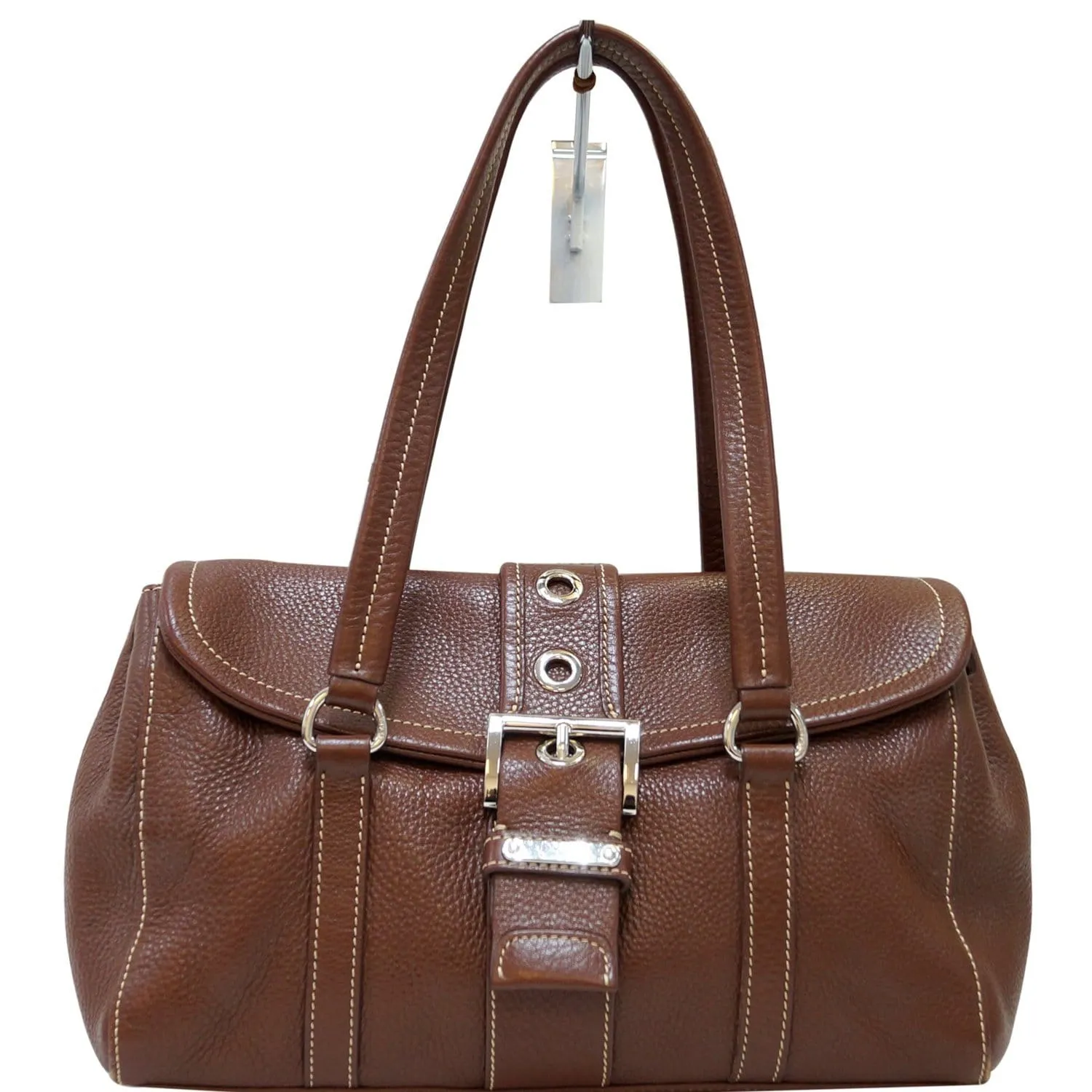 PRADA Brown Leather Grommet Shoulder Bag