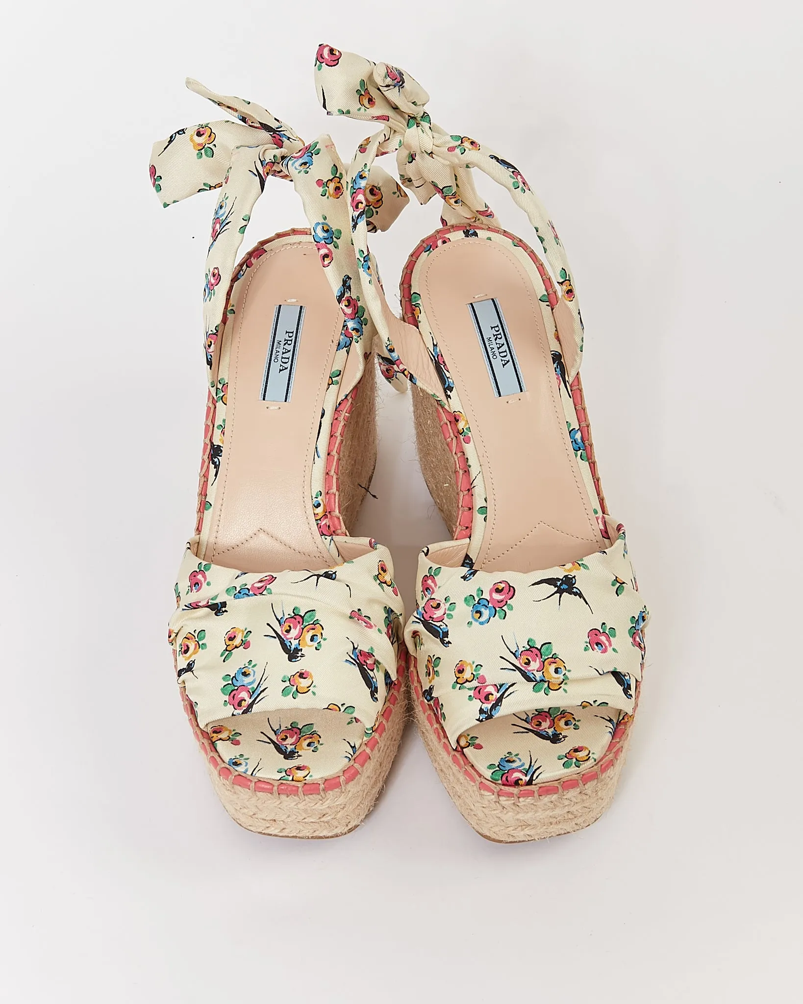 Prada Cream Floral Satin Espadrille Wedges - 39.5