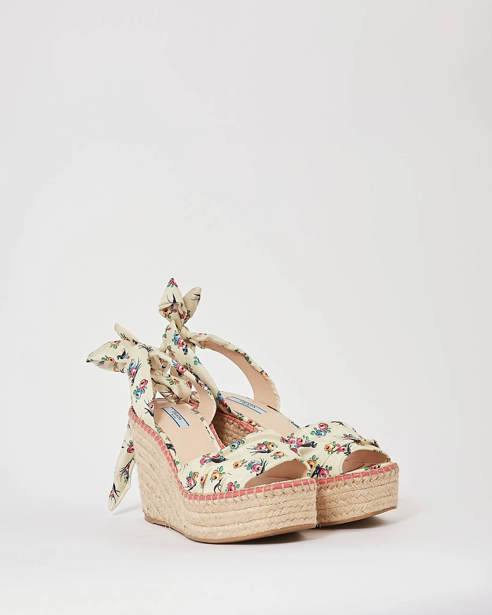 Prada Cream Floral Satin Espadrille Wedges - 39.5