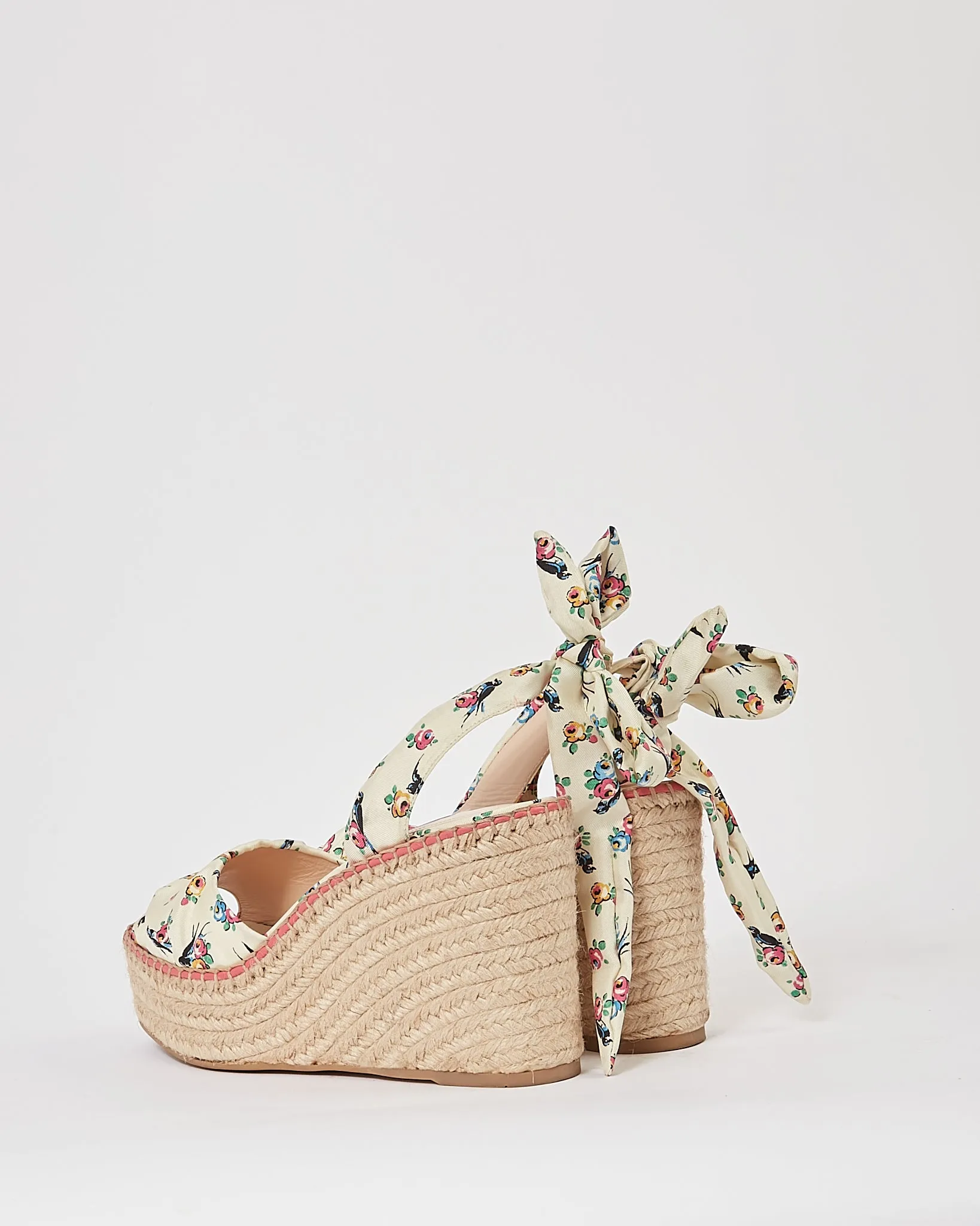 Prada Cream Floral Satin Espadrille Wedges - 39.5