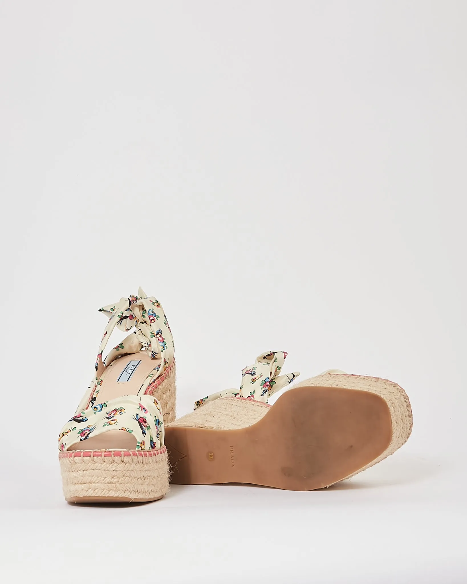 Prada Cream Floral Satin Espadrille Wedges - 39.5